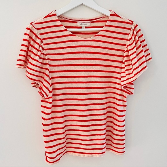 Madewell sz XS Flutter-Sleeve Tee top in Yorktown Stripe beige red striped - Picture 7 of 16